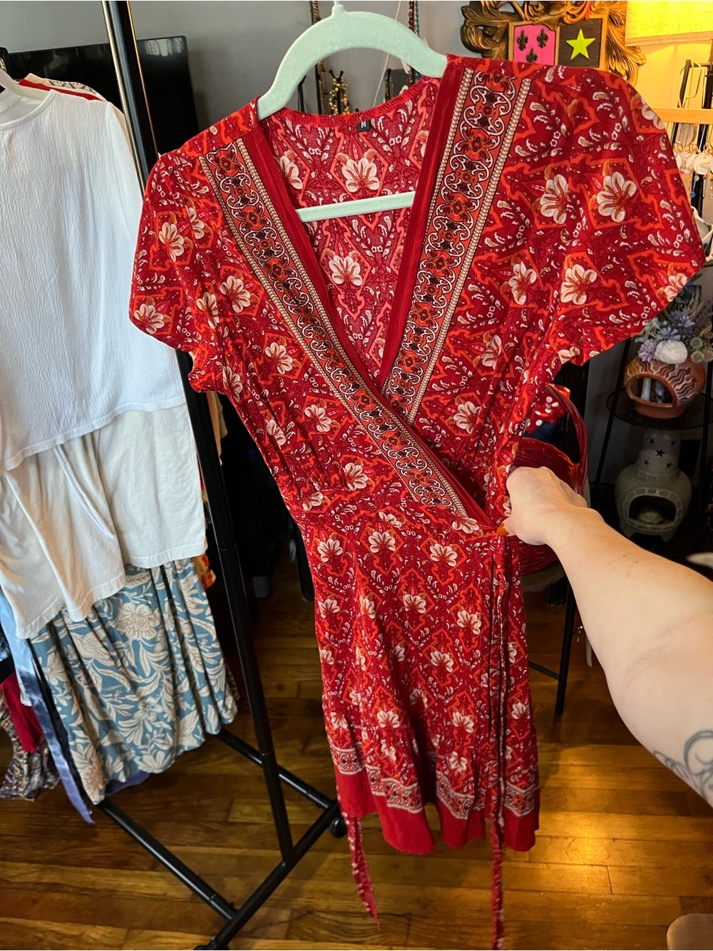 Amazon Medium Red Floral Boho Wrap Dress